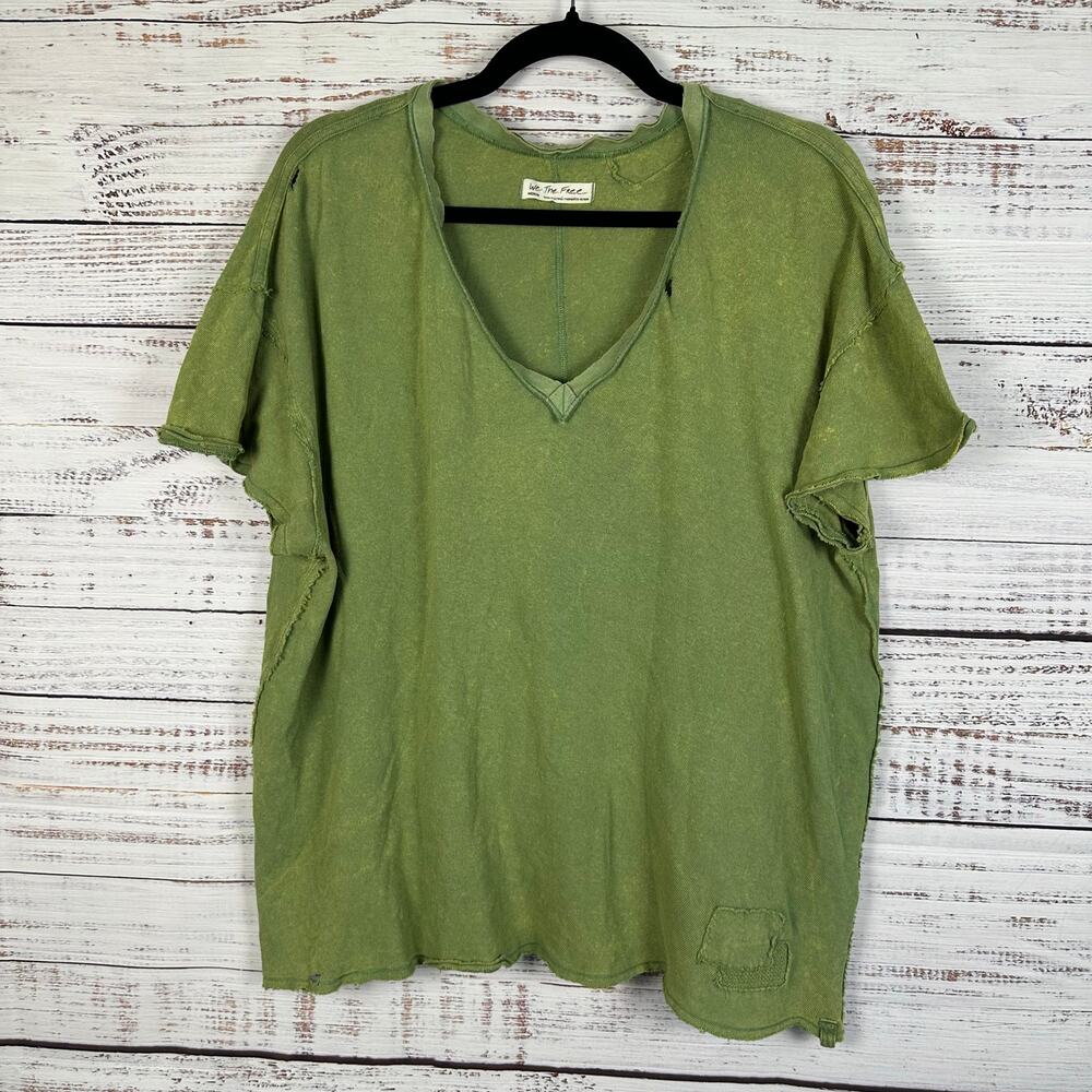 We The Free Slub Knit Distressed Burn Out Green V Neck T Shirt Oversized Women M